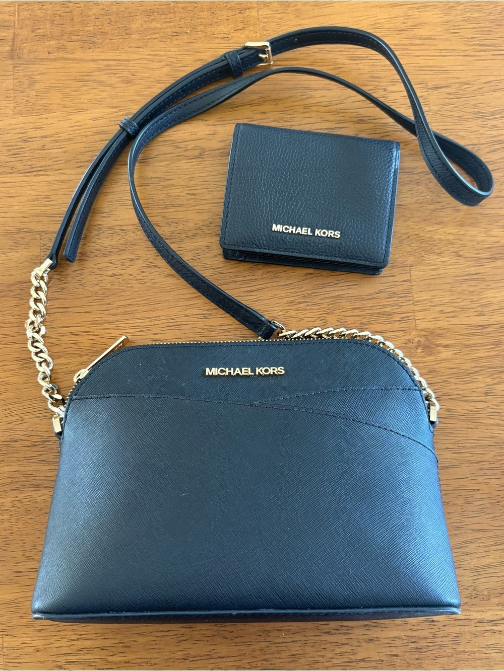 Michael Kors Black Saffiano Crossbody with Gold Chain and Matching Wallet